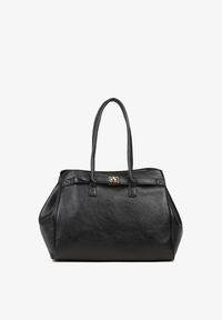 Renee - Czarna Torebka Shopper z Dwoma Rączkami Ozdobiona Paskiem z Klamrą Remisse. Kolor: czarny. Wzór: aplikacja. Styl: klasyczny, casual, elegancki. Rodzaj torebki: na ramię