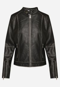 Born2be - Czarna Kurtka Ramoneska Ozdobiona Suwakami i Paskiem Idivaria. Okazja: na co dzień. Kolor: czarny. Materiał: jeans. Wzór: aplikacja. Styl: casual, elegancki, rockowy #5