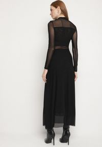 Born2be - Czarna Siateczkowa Sukienka Rozkloszowana Longsleeve z Domieszką Wiskozy Eprela. Okazja: na randkę. Kolor: czarny. Materiał: wiskoza. Długość rękawa: długi rękaw. Typ sukienki: rozkloszowane. Styl: klasyczny #4