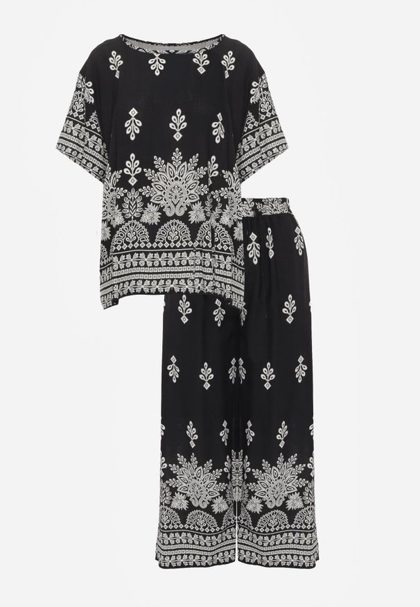 Born2be - Czarny Komplet Wiskozowy Szerokie Spodnie i Luźna Bluzka z Nadrukiem Paisley Thela. Kolekcja: plus size. Kolor: czarny. Materiał: wiskoza. Wzór: nadruk, paisley