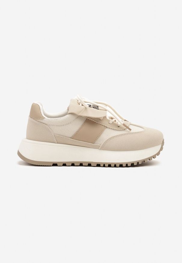 Renee - Beżowe Sneakersy na Platformie z Geometrycznym Wzorem Aluina. Okazja: na co dzień. Kolor: beżowy. Materiał: jeans. Wzór: geometria. Obcas: na platformie
