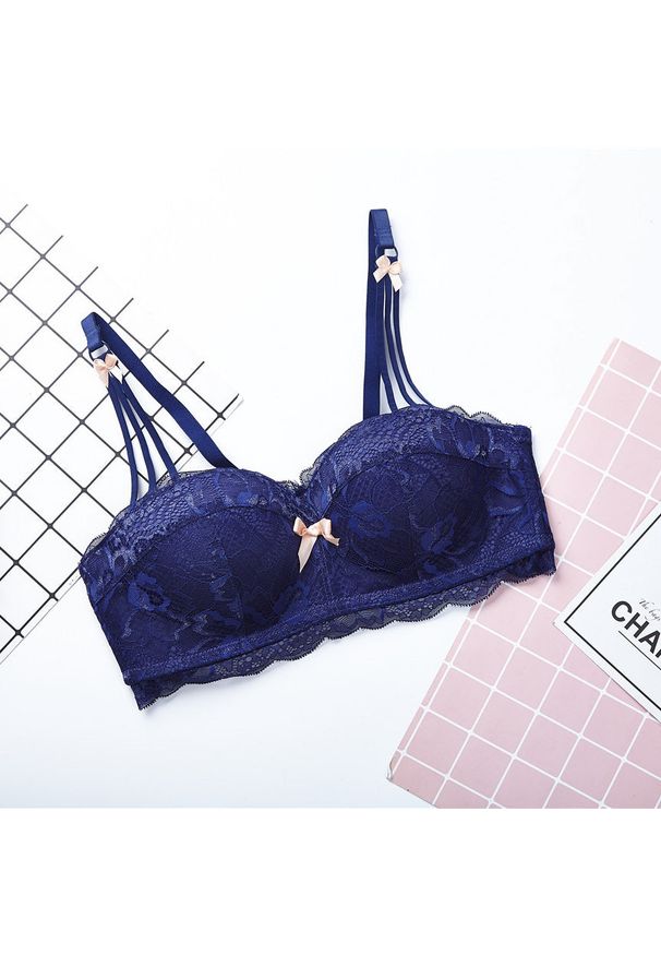 Intica - Biustonosz balkonetka push-up koronkowy z kokardkami Hafize. Kolor: niebieski. Materiał: koronka. Rodzaj stanika: push-up