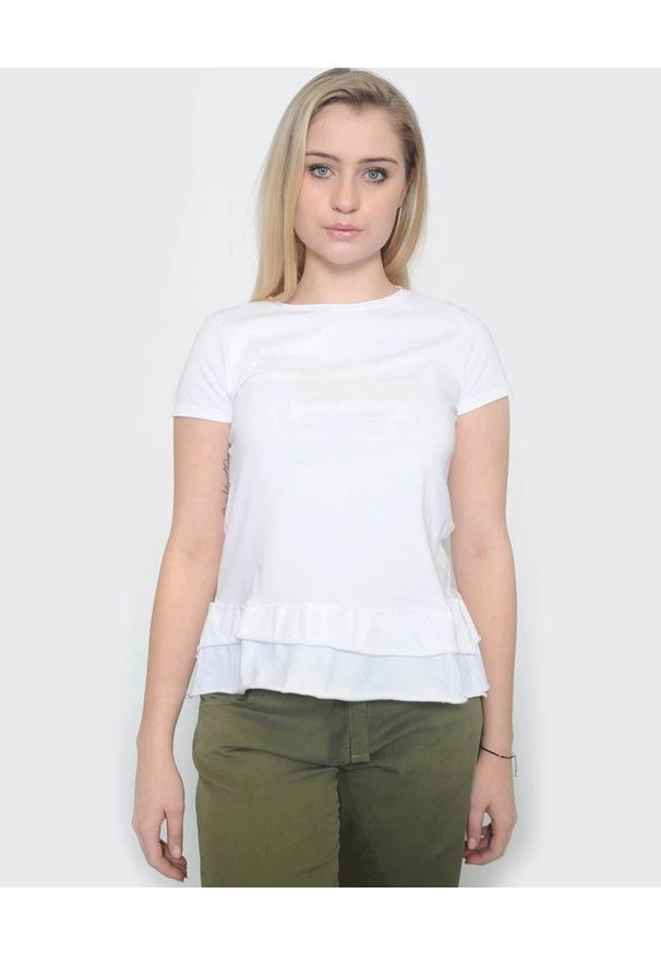 Deha - DEHA - Biała bluzka z falbanką. Kolor: biały. Materiał: jeans, bawełna. Wzór: aplikacja. Sezon: lato, wiosna. Styl: klasyczny