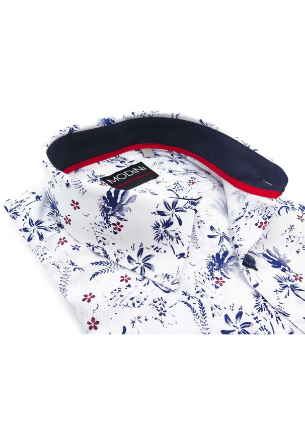 Modini - Biała koszula w kwiatki A48. Kolor: biały. Materiał: bawełna, poliester, tkanina. Długość: długie. Wzór: kwiaty. Styl: klasyczny