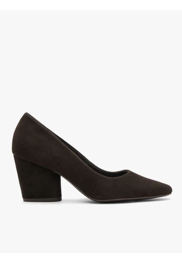 Ryłko - Czekoladowe czółenka na słupku. Okazja: do pracy. Kolor: brązowy. Materiał: skóra, welur. Wzór: aplikacja. Obcas: na słupku. Styl: street, klasyczny, elegancki. Wysokość obcasa: średni