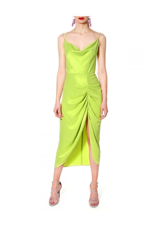 AGGI - Limonkowa sukienka z rozcięciem Ava. Kolor: zielony. Długość rękawa: na ramiączkach. Styl: wizytowy. Długość: midi