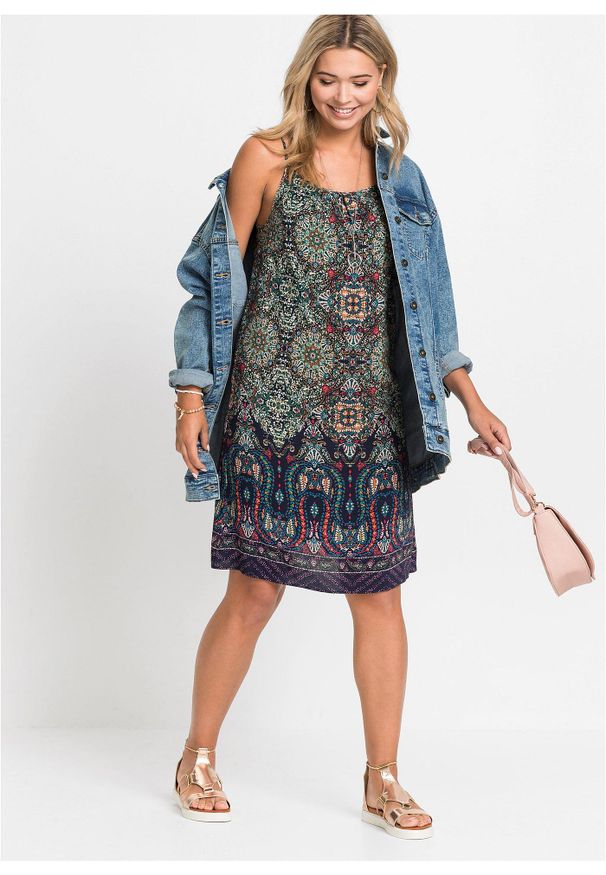 bonprix - Sukienka na ramiączkach z lejącej wiskozy. Kolor: niebieski. Materiał: wiskoza. Długość rękawa: na ramiączkach. Wzór: paisley
