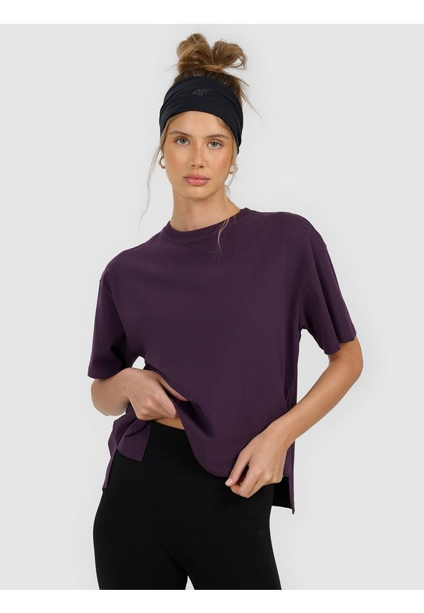 4f - 4F T-shirt loose gładki damski - fioletowy XL. Okazja: na co dzień. Kolor: fioletowy. Materiał: jersey, dzianina. Wzór: gładki. Styl: casual