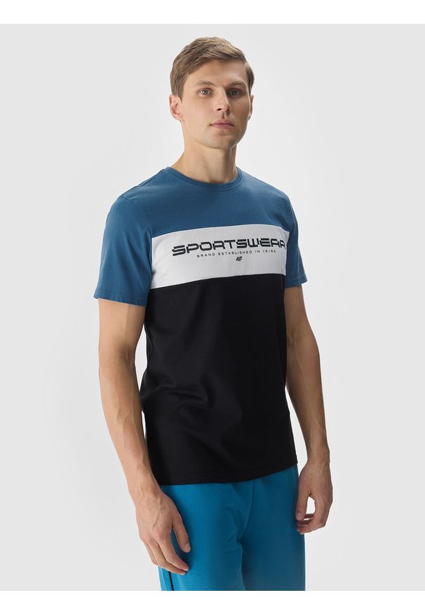 4f - T-shirt z nadrukiem męski - niebieski. Okazja: na co dzień. Kolor: niebieski. Materiał: bawełna, dzianina, jersey. Długość rękawa: krótki rękaw. Długość: krótkie. Wzór: nadruk. Styl: casual, klasyczny, sportowy