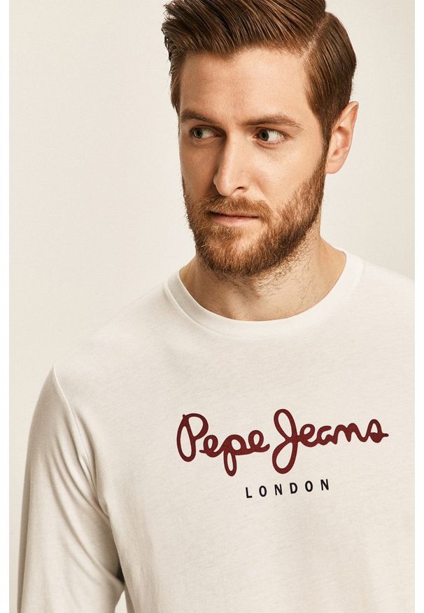 Pepe Jeans - Longsleeve. Kolor: biały. Materiał: dzianina. Długość rękawa: długi rękaw. Wzór: melanż, nadruk