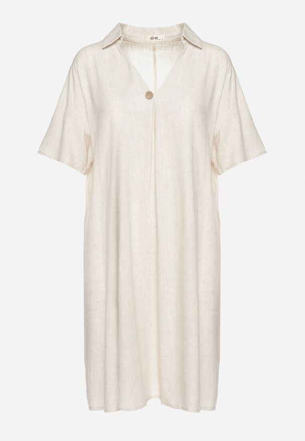 Born2be - Beżowa Pudełkowa Sukienka z Bawełny z Podwijanymi Rękawami Carinea. Okazja: na co dzień, na spotkanie biznesowe, do pracy. Typ kołnierza: dekolt w serek. Kolor: beżowy. Materiał: bawełna. Styl: casual, biznesowy, elegancki, klasyczny