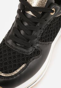 Renee - Czarne Sneakersy na Platformie Ozdobione Metalicznymi Wstawkami i Siateczką Zitina. Kolor: czarny. Materiał: jeans, dresówka. Wzór: aplikacja. Obcas: na platformie #2