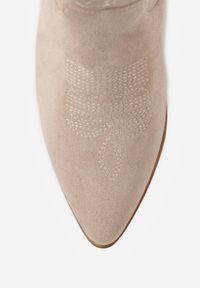 Born2be - Jasnobeżowe Botki Vices na Obcasie w Stylu Kowbojek z Haftem Nelithraea. Okazja: na spacer. Kolor: beżowy. Materiał: jeans, koronka. Wzór: haft. Sezon: jesień. Obcas: na obcasie. Styl: klasyczny, elegancki. Wysokość obcasa: średni #4