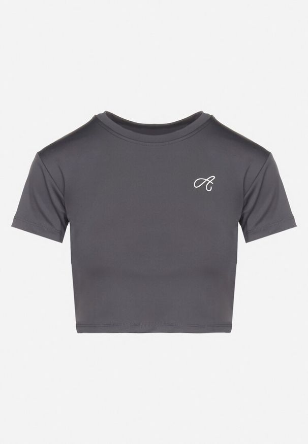 Born2be - Ciemnoszary T-shirt Crop Top Ozdobiony Literką Koliviela. Okazja: na co dzień. Kolor: szary. Materiał: jeans. Długość: krótkie. Wzór: aplikacja. Styl: elegancki, casual