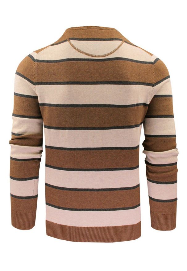Bawełniany Sweter Męski, Okrągły Dekolt - Pako Jeans - Brąz i Beż, Pasy. Kolor: brązowy, wielokolorowy, beżowy. Materiał: bawełna. Styl: klasyczny, elegancki