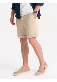 Ombre Clothing - Dzianinowe szorty męskie z podwiniętymi nogawkami - piaskowe V3 - Rozmiar: M. Okazja: na co dzień. Materiał: dzianina. Wzór: jednolity. Styl: klasyczny, casual #1