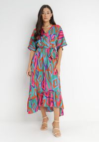 Born2be - Zielono-Różowa Sukienka Cesetros. Kolor: zielony. Materiał: materiał. Wzór: nadruk. Typ sukienki: kopertowe. Długość: midi #3