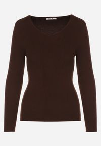 Born2be - Brązowy Dopasowany Sweter z Prążkowanej Dzianiny z Bawełną z Dekoltem w Serek Tesma. Okazja: na co dzień. Typ kołnierza: dekolt w serek. Kolor: brązowy. Materiał: prążkowany, bawełna, dzianina. Długość rękawa: długi rękaw. Długość: długie. Styl: casual, elegancki #6