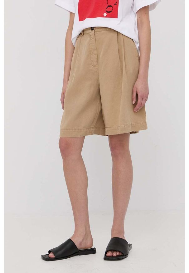 MAX&Co. szorty damskie kolor beżowy gładkie high waist. Stan: podwyższony. Kolor: beżowy. Materiał: tkanina. Wzór: gładki