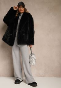 Renee - Szary Komplet z Prążkowanej Dzianiny Spodnie Wide Leg i Sweter ze Stójką Feniria. Kolor: szary. Materiał: dzianina, prążkowany #5