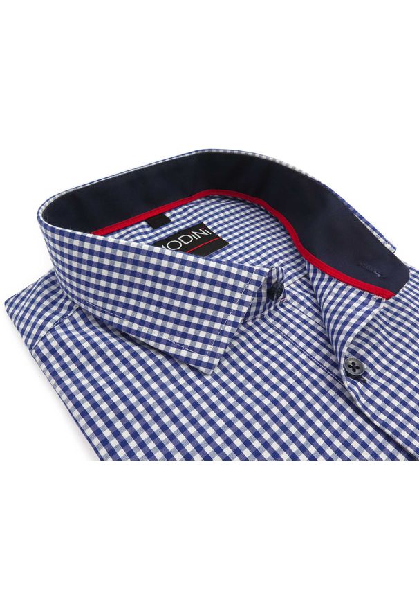 Modini - Koszula w granatowo-białą kratkę Y18. Kolor: biały, wielokolorowy, niebieski. Materiał: bawełna, poliester, tkanina. Długość: długie. Wzór: kratka