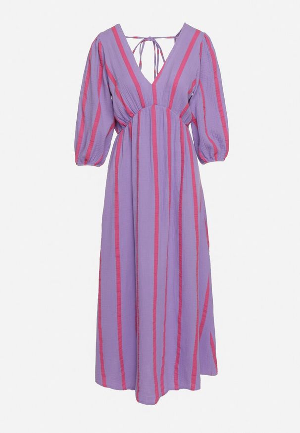 Born2be - Fioletowo-Różowa Taliowana Sukienka z Bawełny z Motywem Pasków Rivettes. Okazja: na co dzień, do pracy. Typ kołnierza: dekolt w kształcie V. Kolor: fioletowy. Materiał: bawełna. Wzór: aplikacja. Typ sukienki: proste. Styl: klasyczny, casual, elegancki