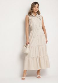 Born2be - Beżowa Koszulowa Sukienka Ozdobiona Paskiem Mavorelle. Okazja: na co dzień. Kolor: beżowy. Wzór: aplikacja. Typ sukienki: koszulowe. Styl: elegancki, casual #1