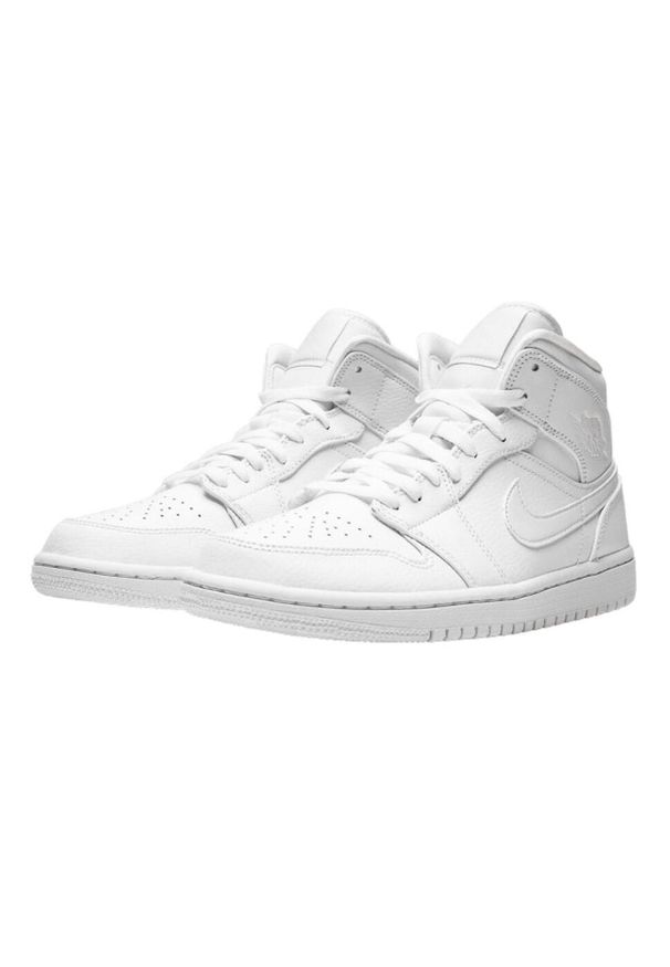 Buty do chodzenia męskie Nike Air Jordan 1 Mid. Wysokość cholewki: za kostkę. Zapięcie: sznurówki. Kolor: biały. Materiał: skóra, syntetyk, tkanina, materiał. Szerokość cholewki: normalna. Sport: turystyka piesza