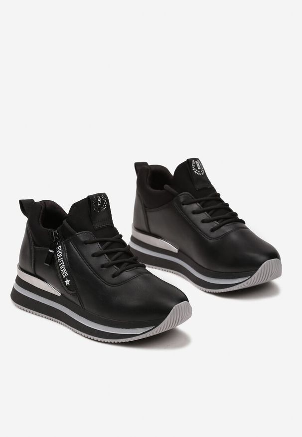 Renee - Czarne Sznurowane Sneakersy na Niskiej Platformie z Ozdobnym Suwakiem Alirapa. Nosek buta: okrągły. Zapięcie: sznurówki. Kolor: czarny. Materiał: materiał. Obcas: na platformie. Wysokość obcasa: niski