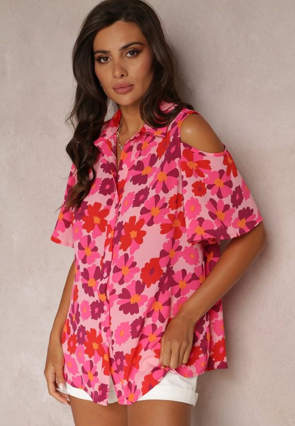 Renee - Fuksjowa Koszula Open Shoulder w Kwiatowy Print Veconda. Kolor: różowy. Wzór: kwiaty, nadruk