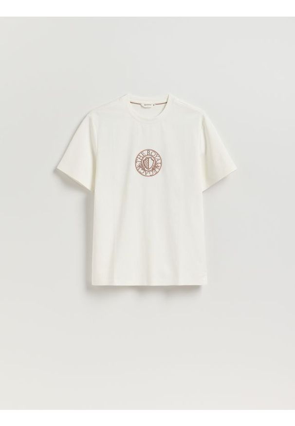 Reserved - T-shirt regular z merceryzowaną bawełną - złamana biel. Materiał: bawełna