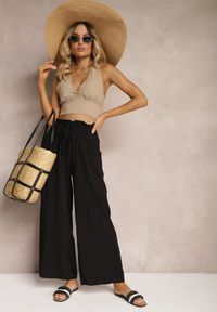 Renee - Czarne Spodnie Palazzo High Waist z Bawełny Wykończone Gumką w Talii Nellsea. Okazja: na co dzień. Stan: podwyższony. Kolor: czarny. Materiał: bawełna. Styl: elegancki, casual #3