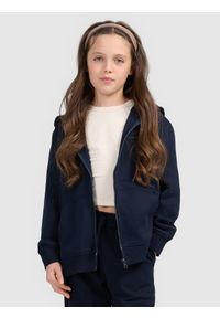 4f - 4F Bluza dresowa rozpinana z kapturem dziewczęca - granatowa 140 (9-10 lat). Okazja: na co dzień. Typ kołnierza: kaptur. Kolor: niebieski. Materiał: dresówka. Wzór: gładki, ze splotem. Sezon: lato. Styl: casual, sportowy #1