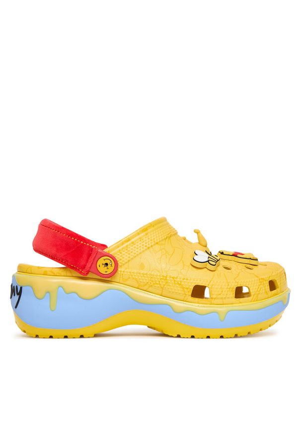 Klapki Crocs. Kolor: żółty. Wzór: motyw z bajki. Obcas: na platformie