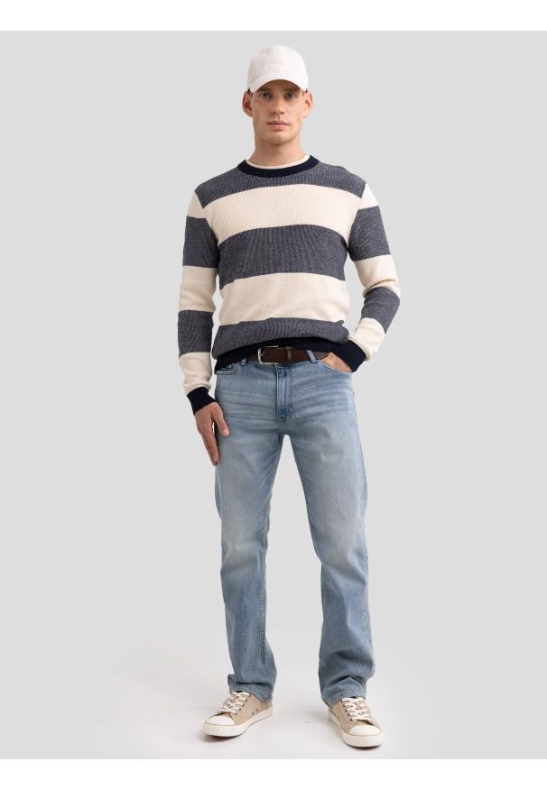 Big-Star - Sweter męski bawełniany w pasy beżowo-szare Pasador 000. Okazja: na co dzień. Kolor: wielokolorowy. Materiał: bawełna. Wzór: paski. Styl: elegancki, casual, klasyczny