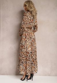 Renee - Brązowo-Beżowa Sukienka Hellanassa. Kolor: beżowy. Długość rękawa: długi rękaw. Wzór: nadruk, aplikacja, motyw zwierzęcy. Typ sukienki: kopertowe. Styl: elegancki. Długość: maxi #3