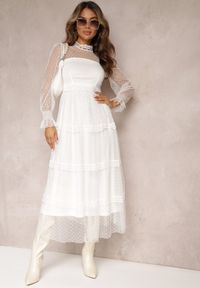 Renee - Biała Koronkowa Sukienka Rozkloszowana z Falbanką Faberlla. Kolor: biały. Materiał: koronka. Długość rękawa: długi rękaw. Wzór: koronka #4