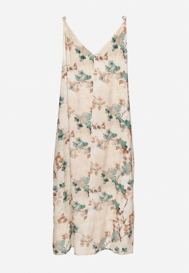 Born2be - Beżowo-Zielona Kwiecista Sukienka na Ramiączkach z Wiskozą o Rozkloszowanym Kroju Jenarienna. Okazja: na co dzień. Typ kołnierza: dekolt w kształcie V. Kolor: zielony. Materiał: wiskoza. Długość rękawa: na ramiączkach. Wzór: kwiaty. Typ sukienki: rozkloszowane. Styl: casual, elegancki