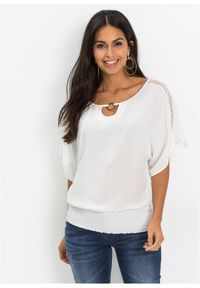 bonprix - Bluzka z czystej wiskozy. Kolor: biały. Materiał: wiskoza, koronka. Długość rękawa: krótki rękaw. Długość: krótkie. Wzór: koronka #1