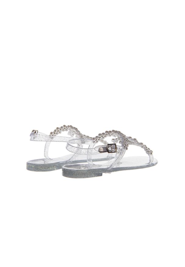 Sandały Sca'viola G-64 Silver 047191, Srebro, Silikon. Zapięcie: sprzączka. Kolor: srebrny. Materiał: tworzywo sztuczne. Wzór: aplikacja. Obcas: na obcasie. Wysokość obcasa: średni