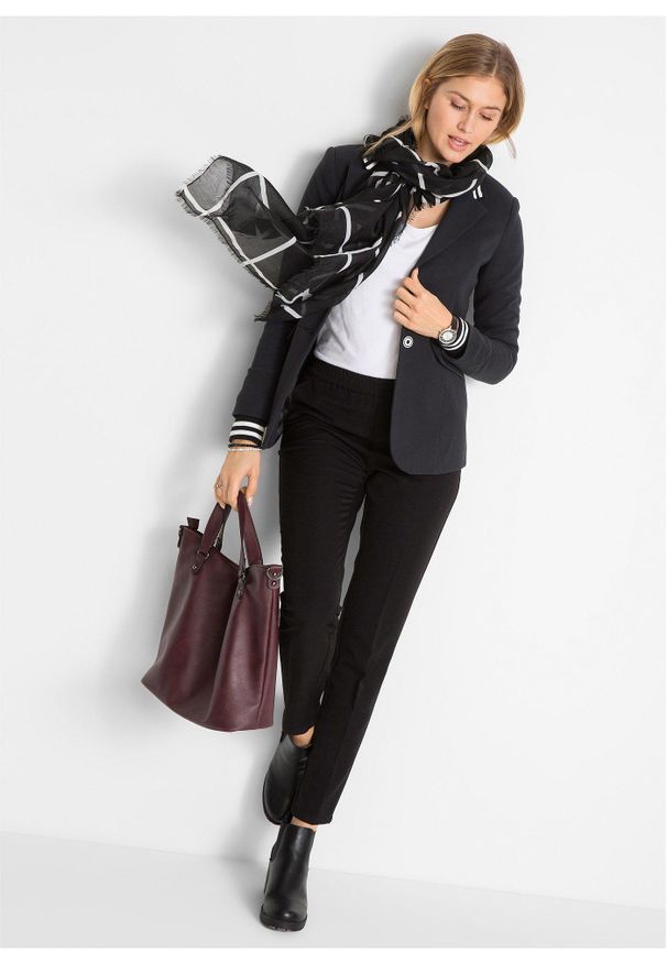 bonprix - Żakiet bawełniany z pasiastymi detalami. Okazja: na co dzień. Kolor: czarny. Materiał: jersey, bawełna. Wzór: aplikacja. Styl: casual