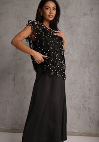 Renee - Czarna Bawełniano-Wiskozowa Sukienka Slip Dress z Ozdobną Narzutką Sagossia. Okazja: na co dzień. Kolor: czarny. Materiał: wiskoza, bawełna. Długość rękawa: na ramiączkach. Wzór: aplikacja. Styl: casual #4