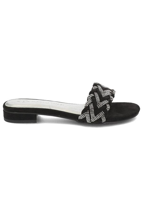 Czarne Klapki Marco Tozzi Eleganckie Obuwie Damskie. Okazja: do domu, na co dzień. Kolor: czarny. Materiał: zamsz, skóra ekologiczna. Wzór: aplikacja. Sezon: lato. Obcas: na obcasie. Styl: elegancki. Wysokość obcasa: średni, niski