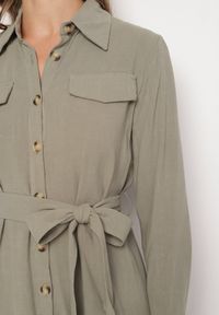 Born2be - Zielona Bawełniana Sukienka Koszulowa z Wiązanym Paskiem Zintrona. Okazja: na co dzień. Kolor: zielony. Materiał: bawełna. Typ sukienki: koszulowe. Styl: casual #6