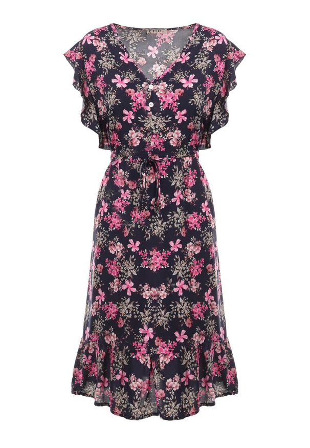 Born2be - Granatowa Sukienka z Wiskozy Actamia. Okazja: na co dzień. Typ kołnierza: kokarda, kołnierz z falbankami. Kolor: niebieski. Materiał: wiskoza. Wzór: kwiaty. Typ sukienki: proste. Styl: casual. Długość: mini