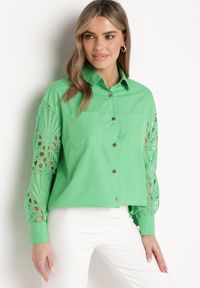 Born2be - Zielona Koszula Oversize z Ażurowym Wzorem na Rękawach Vadena. Okazja: na co dzień. Kolor: zielony. Materiał: jeans. Długość rękawa: długi rękaw. Długość: długie. Wzór: ażurowy. Styl: casual, elegancki #5
