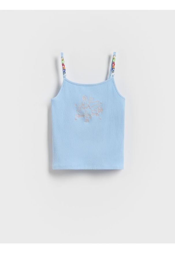 Reserved - Top z ozdobnymi ramiączkami - jasnoniebieski. Kolor: niebieski. Materiał: bawełna. Długość rękawa: na ramiączkach. Długość: krótkie