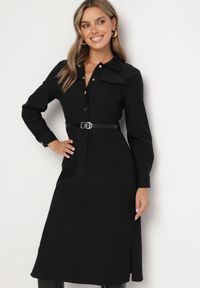 Born2be - Czarna Sukienka o Koszulowym Kroju z Dodatkowym Paskiem i Rozcięciami u Dołu Arinnis. Okazja: na spacer, na co dzień. Kolor: czarny. Długość rękawa: długi rękaw. Typ sukienki: koszulowe. Styl: casual, klasyczny #3