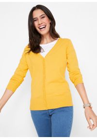 Sweter rozpinany z gładkiej dzianiny z plisą guzikową bonprix żółty kanarkowy. Kolor: żółty. Materiał: dzianina. Wzór: gładki #6