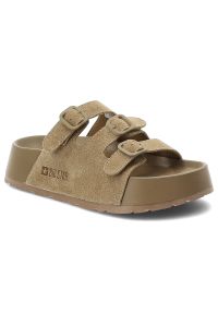 Big-Star - Klapki damskie Big Star, cholewka ze skóry naturalnej z regulowanymi paskami na grubej podeszwie, beżowe, TT274530. Okazja: na co dzień. Kolor: beżowy. Materiał: skóra. Wzór: paski. Sezon: lato. Styl: elegancki, casual #1